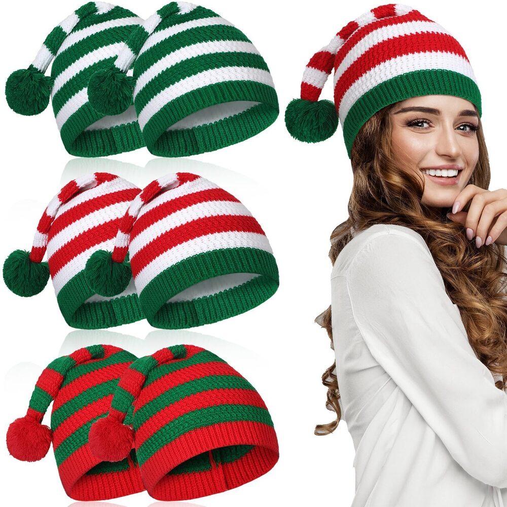 5331 6 Pcs Christmas Knitted Elf Hats Bulk Crochet Santa Hats Adults